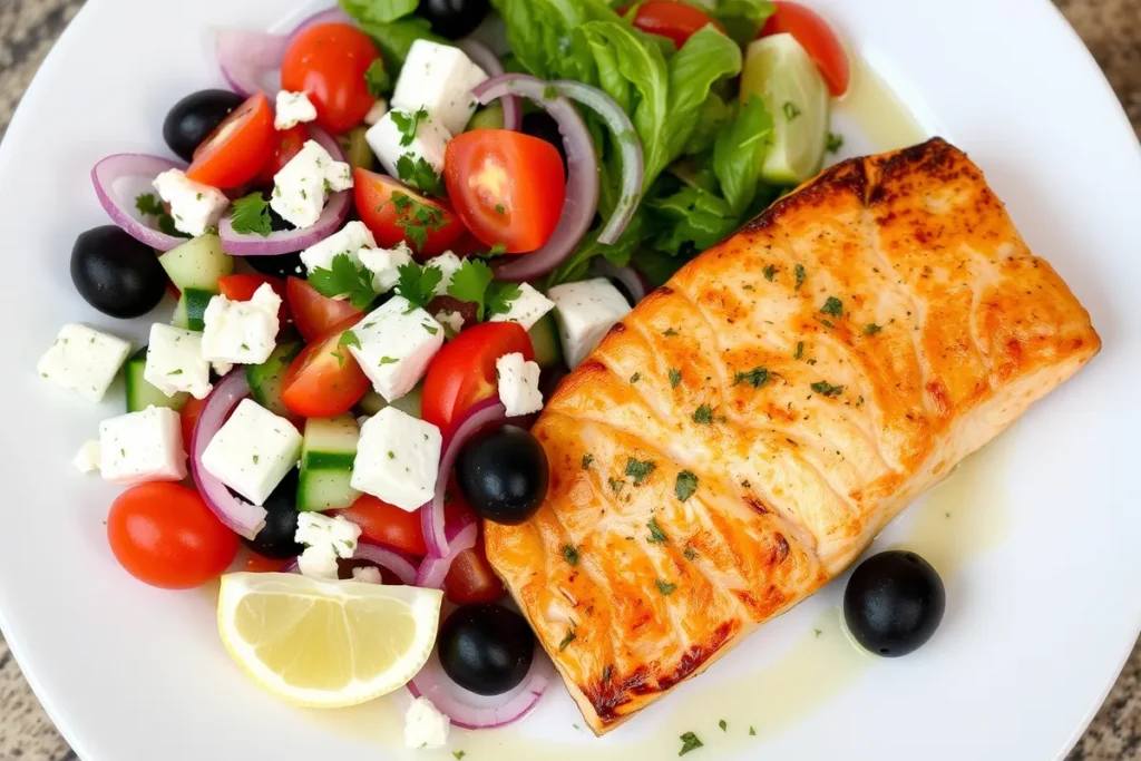 Pan-seared salmon served with Greek salad, feta cheese, olives, and fresh herbs.