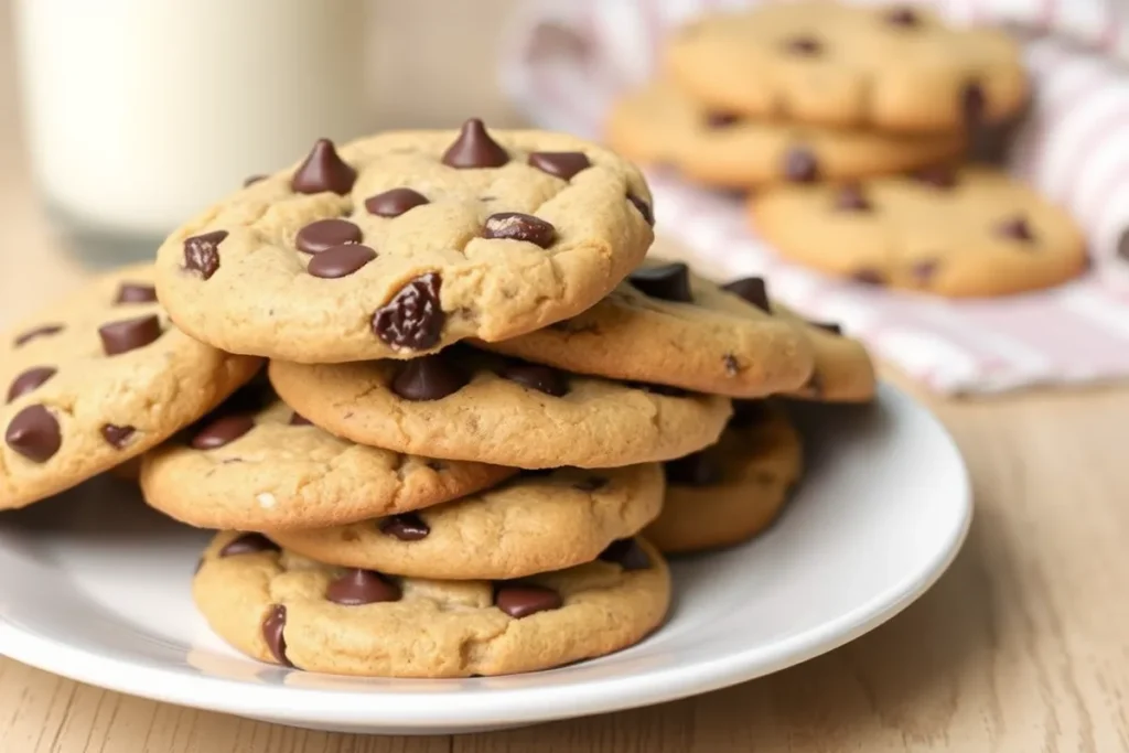 Chocolate chip cookies made without butter on a white plate.