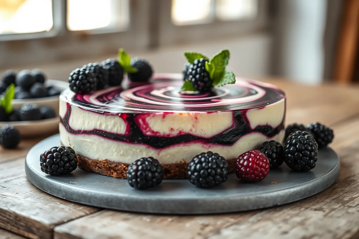 A close-up of a blackberry cheesecake with a marbled swirl, garnished with fresh blackberries and mint leaves.