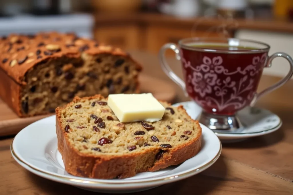 A slice of date nut bread with a spread of butter, served with a hot cup of tea