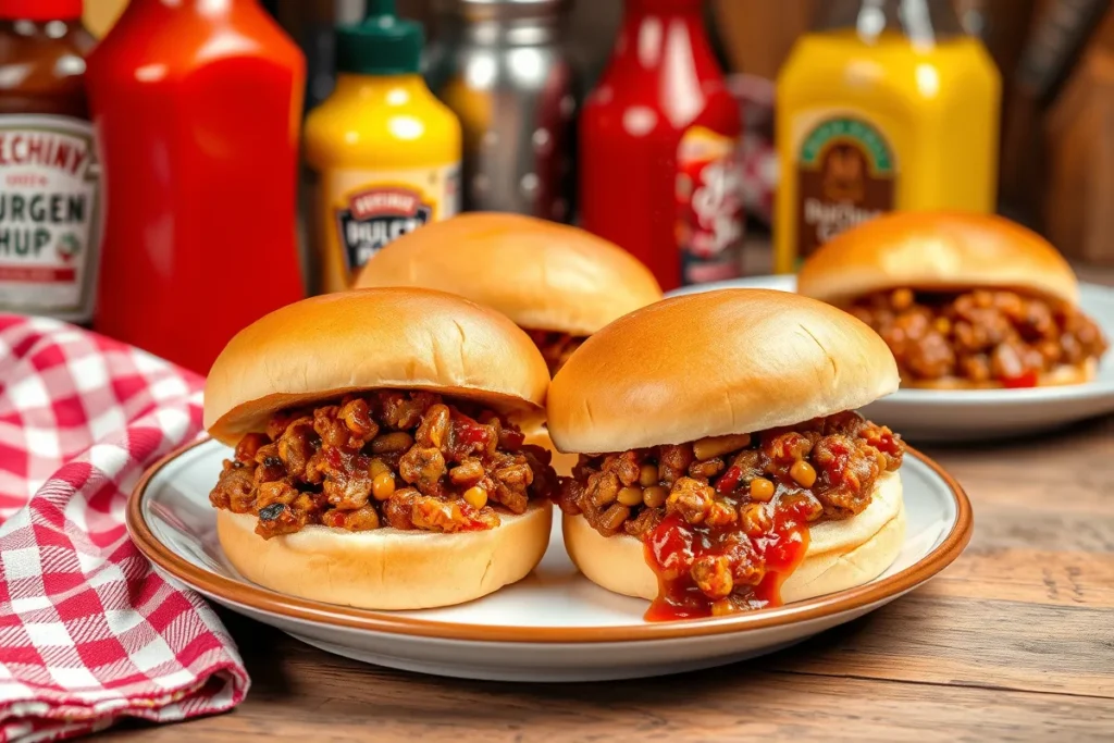 A plate of sloppy joes with ketchup and mustard in a rustic kitchen.