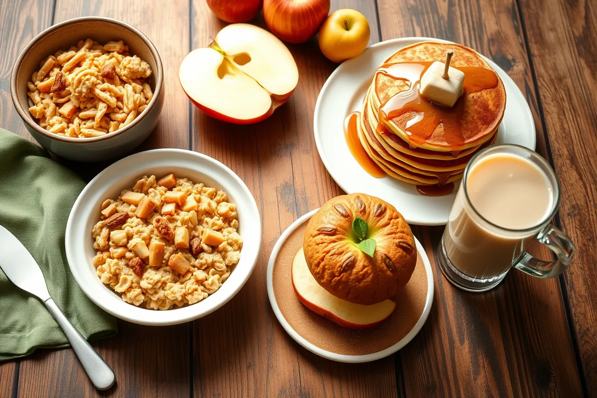 A cozy apple breakfast spread with oatmeal, pancakes, muffins, and smoothie.