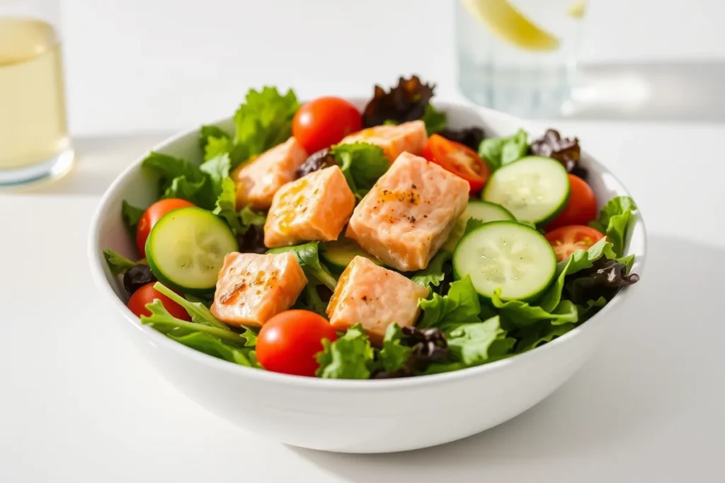 Salmon bites served in a fresh salad bowl with greens and tomatoes.