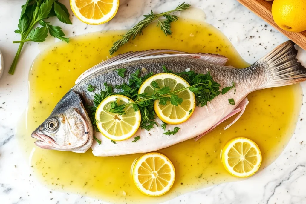 Branzino preparation with fresh herbs and lemon slices on a kitchen counter.