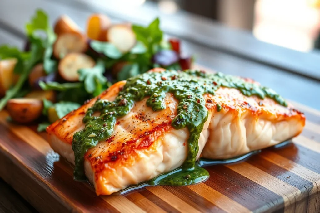 Grilled salmon fillet drizzled with vibrant chimichurri sauce, accompanied by roasted potatoes and a fresh salad.