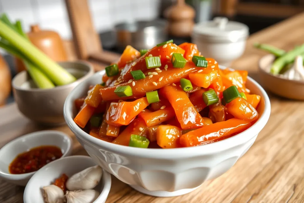 Freshly made cucumber kimchi in a bowl garnished with sesame seeds.