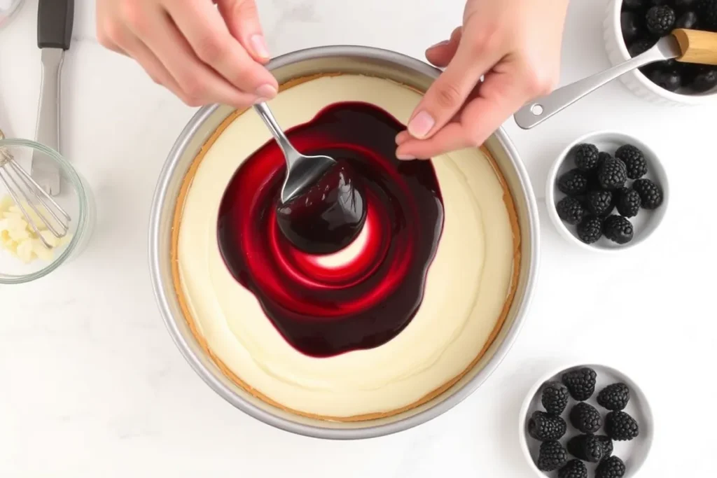 Swirling blackberry purée into cheesecake filling during preparation.