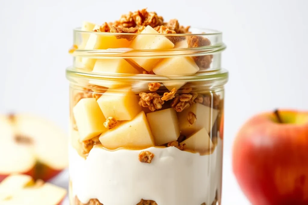 Apple yogurt parfait layered with granola and honey.