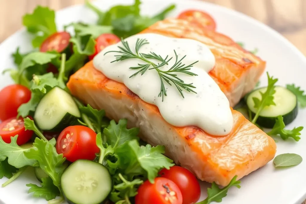 Baked salmon fillet with creamy dill sauce, surrounded by a light salad of mixed greens, cherry tomatoes, and cucumber.