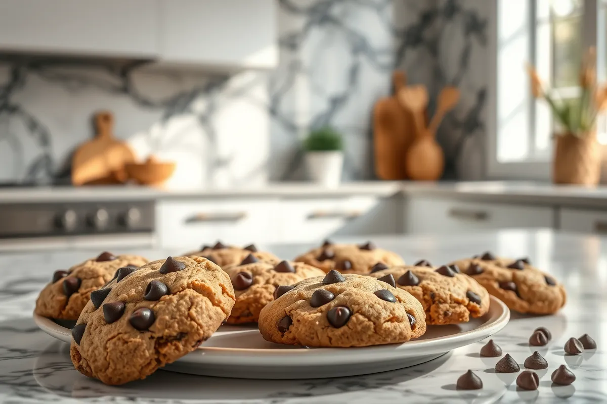 Chocolate chip protein cookies on a rustic wooden table.