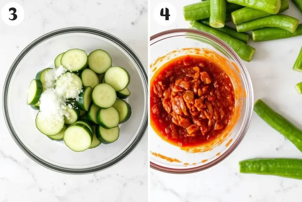 Preparing cucumber kimchi with fresh cucumbers and spicy paste.