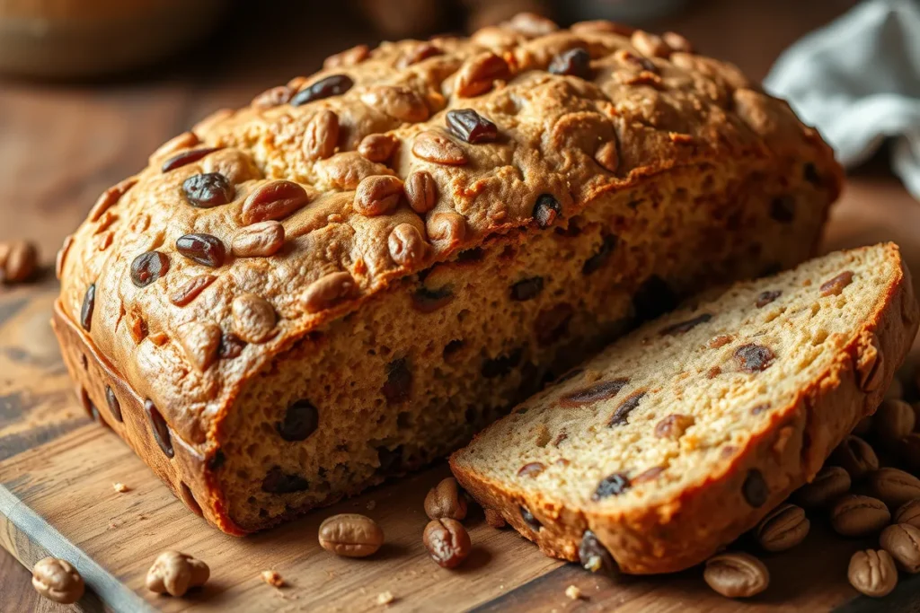 A freshly baked loaf of date nut bread, with visible chunks of dates and nuts.