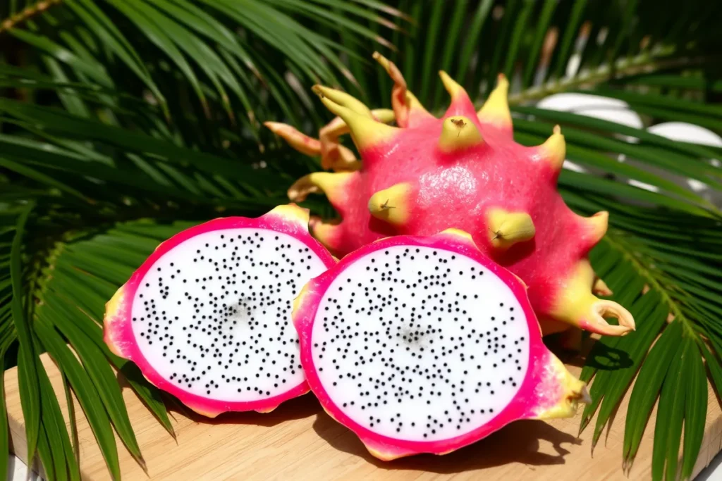 Freshly sliced dragon fruit with tropical background