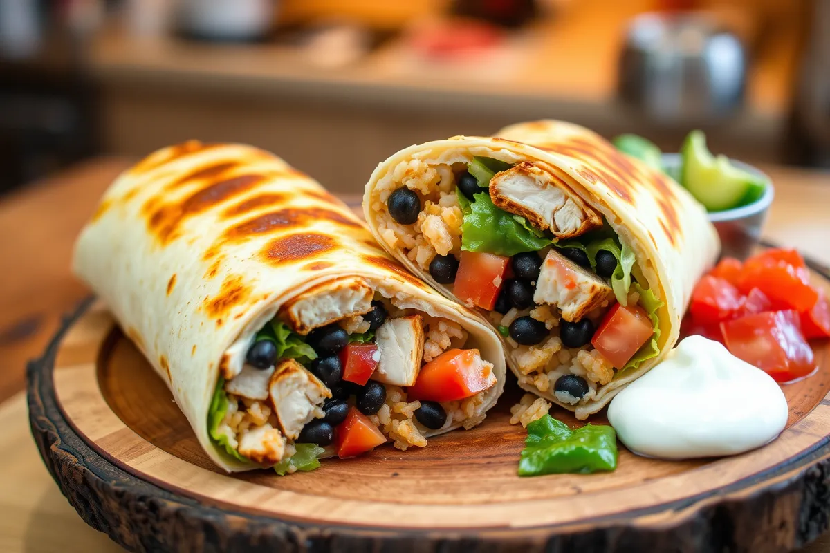 Grilled stuffed burrito with grilled chicken, rice, black beans, cheese, and vegetables, cut in half with guacamole and sour cream.