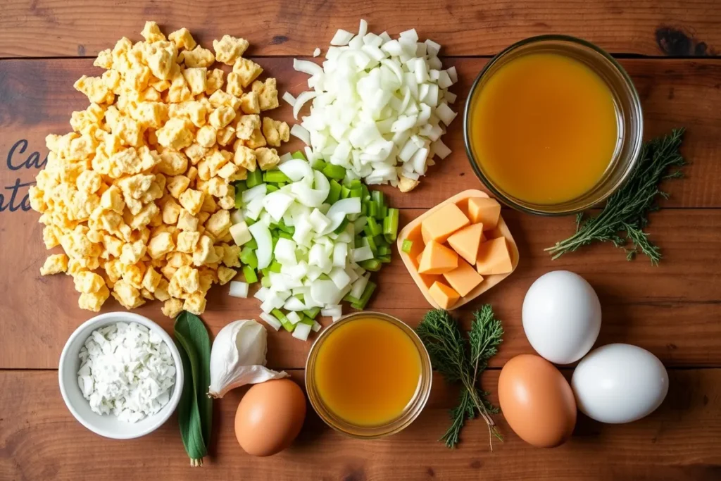 Ingredients for chicken dressing, including crumbled cornbread, onions, celery, garlic, chicken broth, eggs, and fresh herbs, on a wooden counter.
