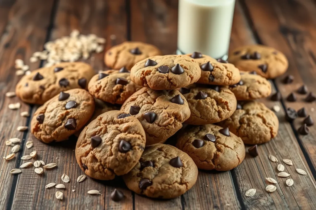 A fresh batch of protein cookies with a glass of almond milk.