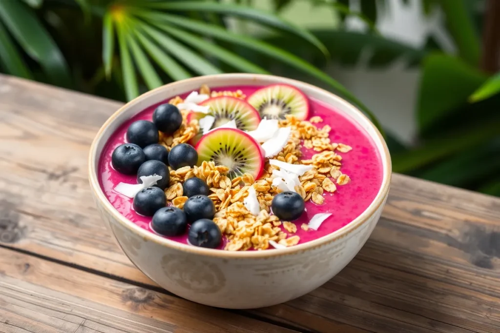 Dragon fruit smoothie bowl with fresh toppings