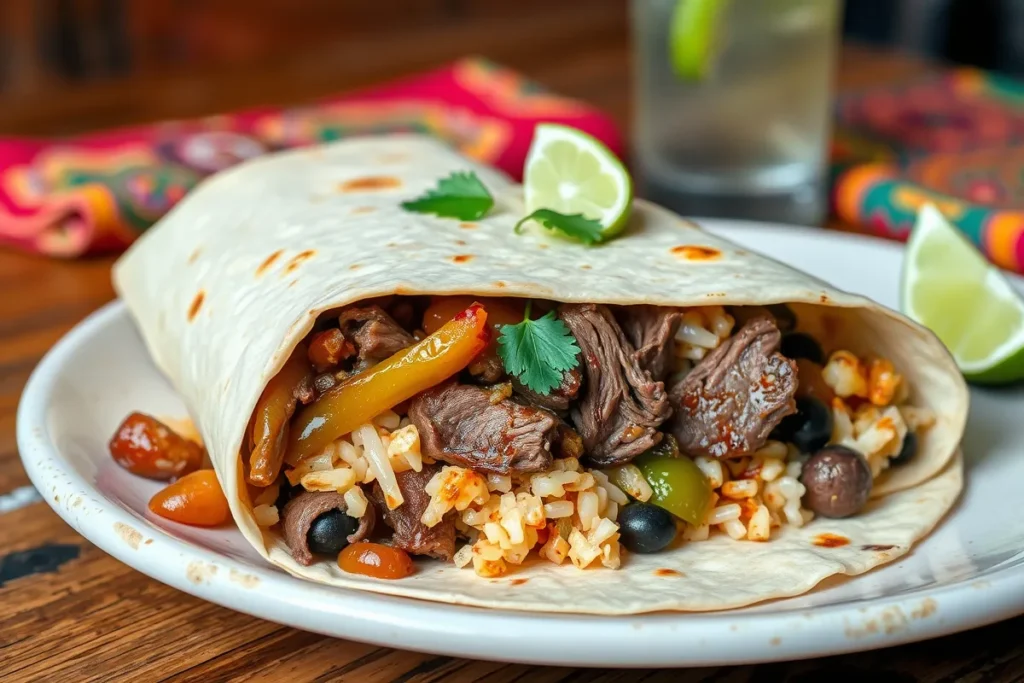 Grilled steak burrito with sautéed onions, peppers, rice, and black beans, garnished with cilantro and lime.