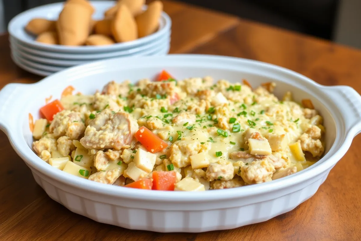 A Southern chicken dressing meal served in a casserole dish, golden brown on top, surrounded by roasted turkey, cranberry sauce, mashed potatoes, and gravy, set on a rustic holiday table.