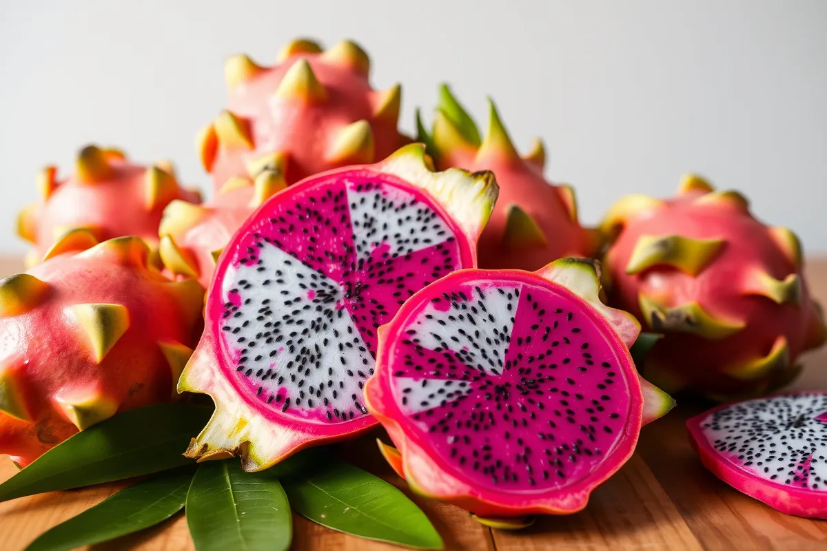 Fresh dragon fruit sliced open on a wooden table.