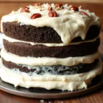 Close-up of a German chocolate cake with coconut-pecan frosting.