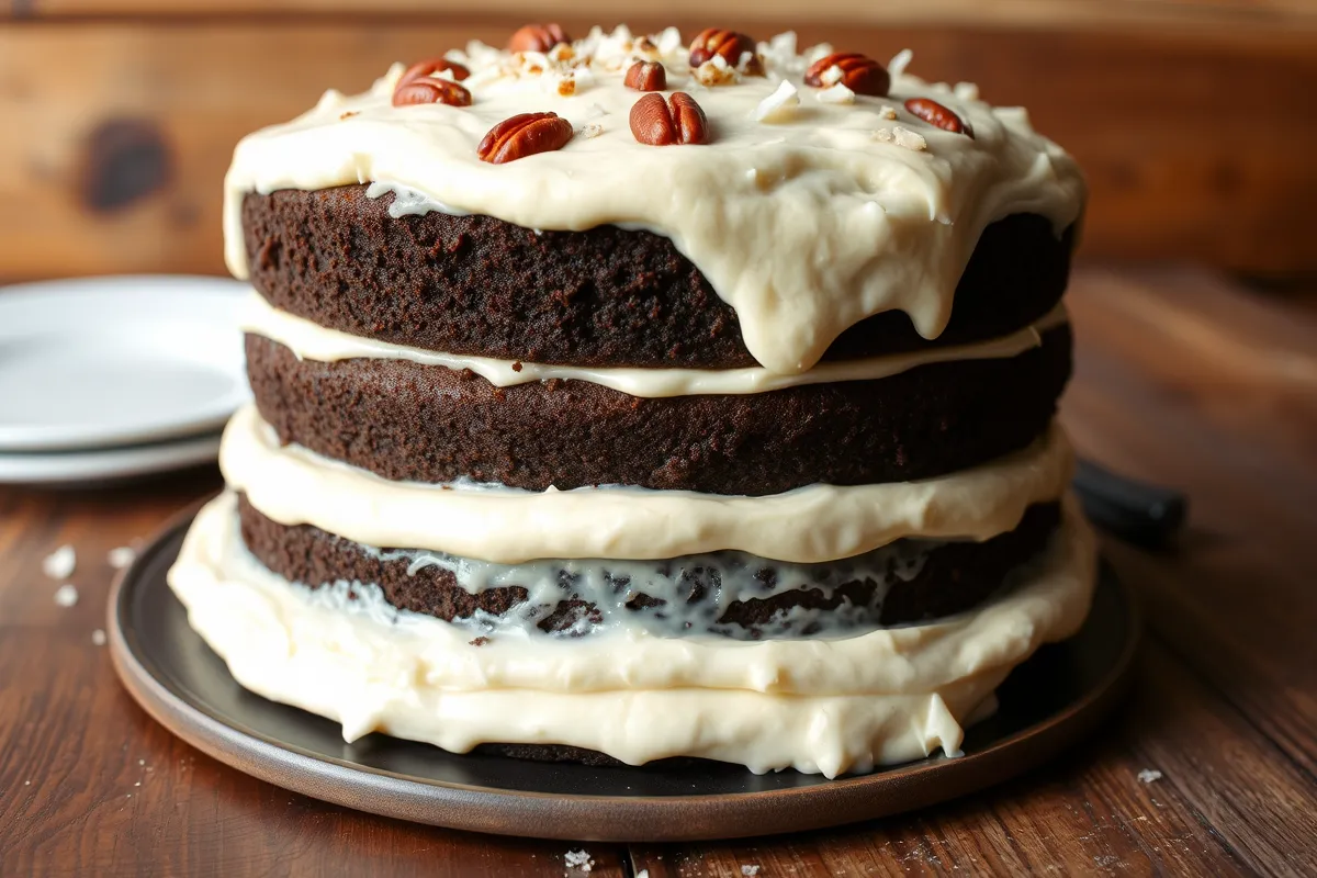 Close-up of a German chocolate cake with coconut-pecan frosting.