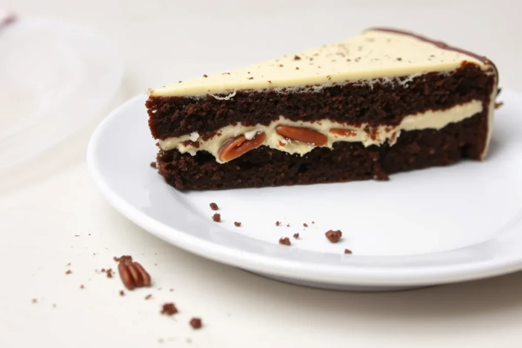 A slice of German chocolate cake with frosting.