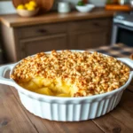 Golden-brown pineapple casserole with crispy topping served in a ceramic dish.