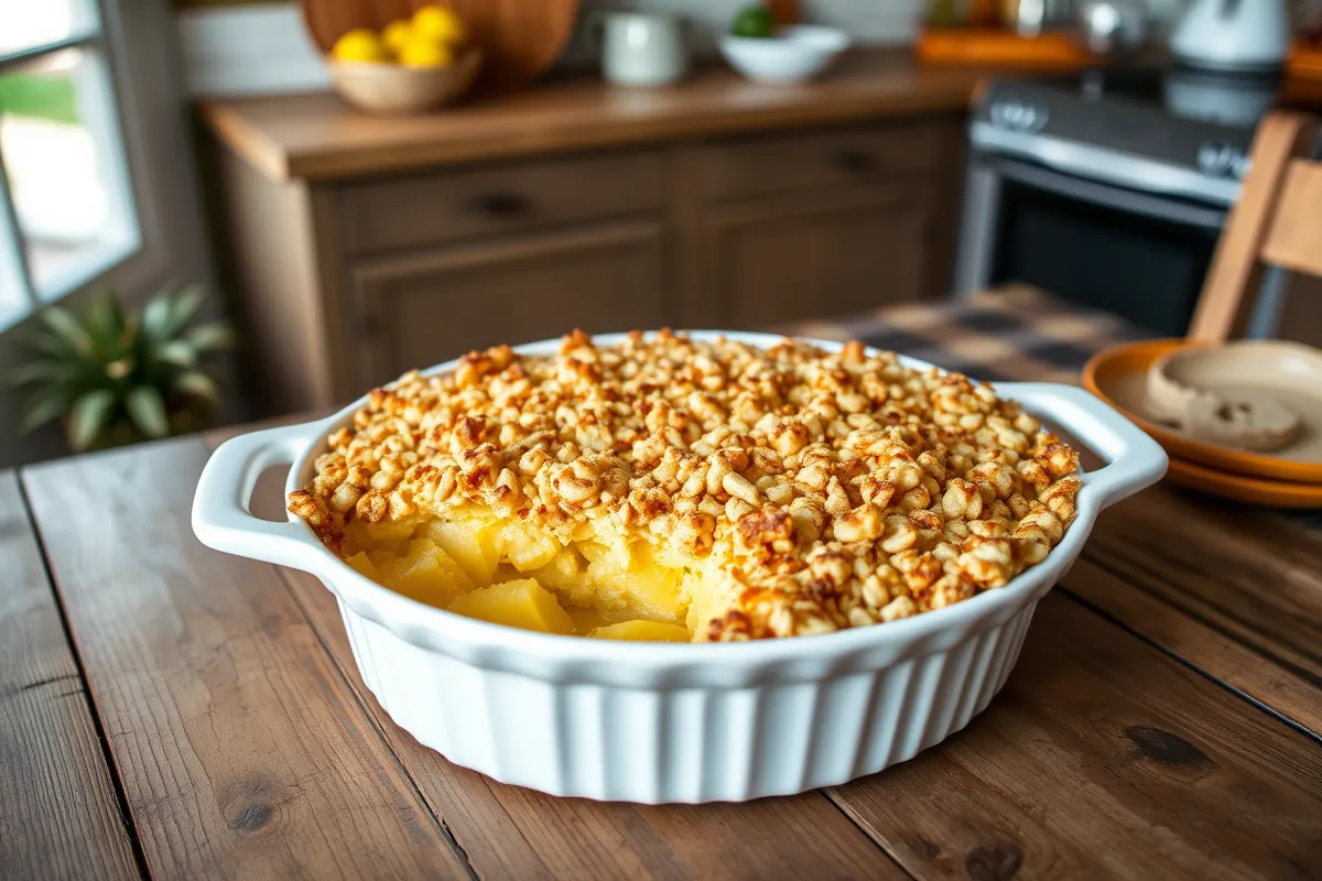 Golden-brown pineapple casserole with crispy topping served in a ceramic dish.