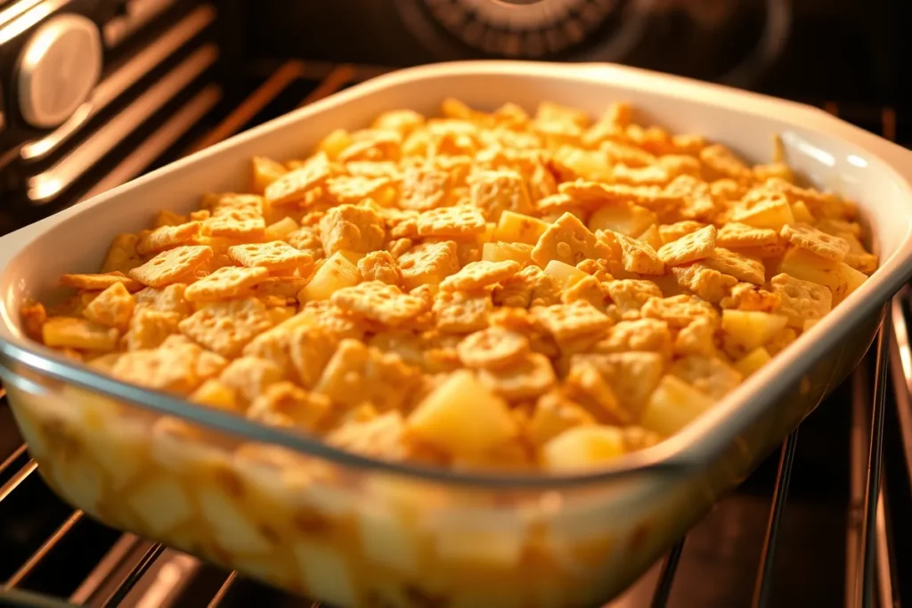 Pineapple casserole with bubbling edges going into the oven.