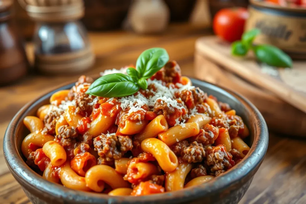 Close-up of a bowl of homemade beefaroni with ground beef, tomato sauce, and Mozarella cheese