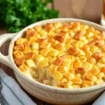 A golden Ritz Chicken Casserole served in a ceramic dish.