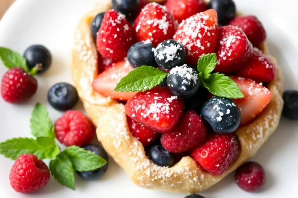 Puff pastry dessert filled with fresh berries and garnished with mint leaves.