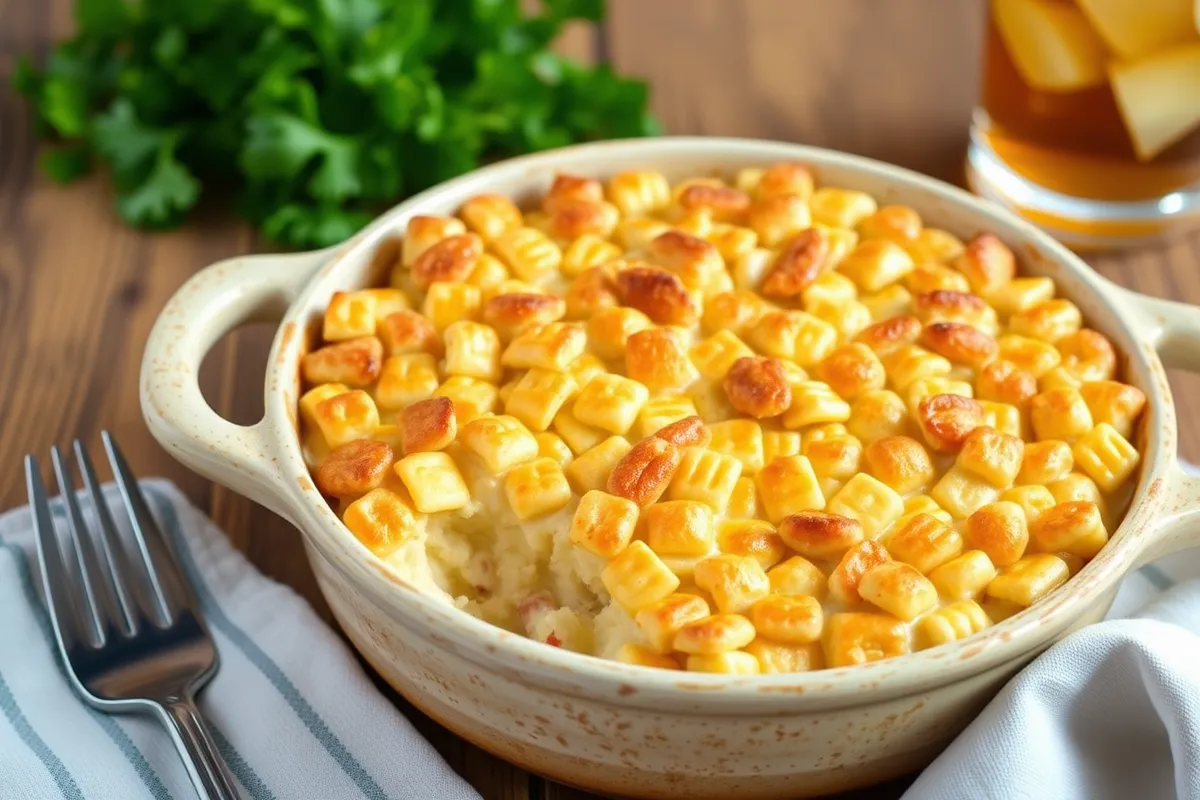 A golden Ritz Chicken Casserole served in a ceramic dish.