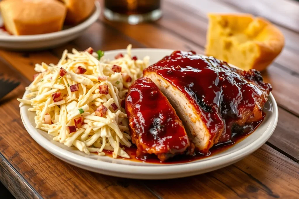 Barbecue split chicken breast with sides.