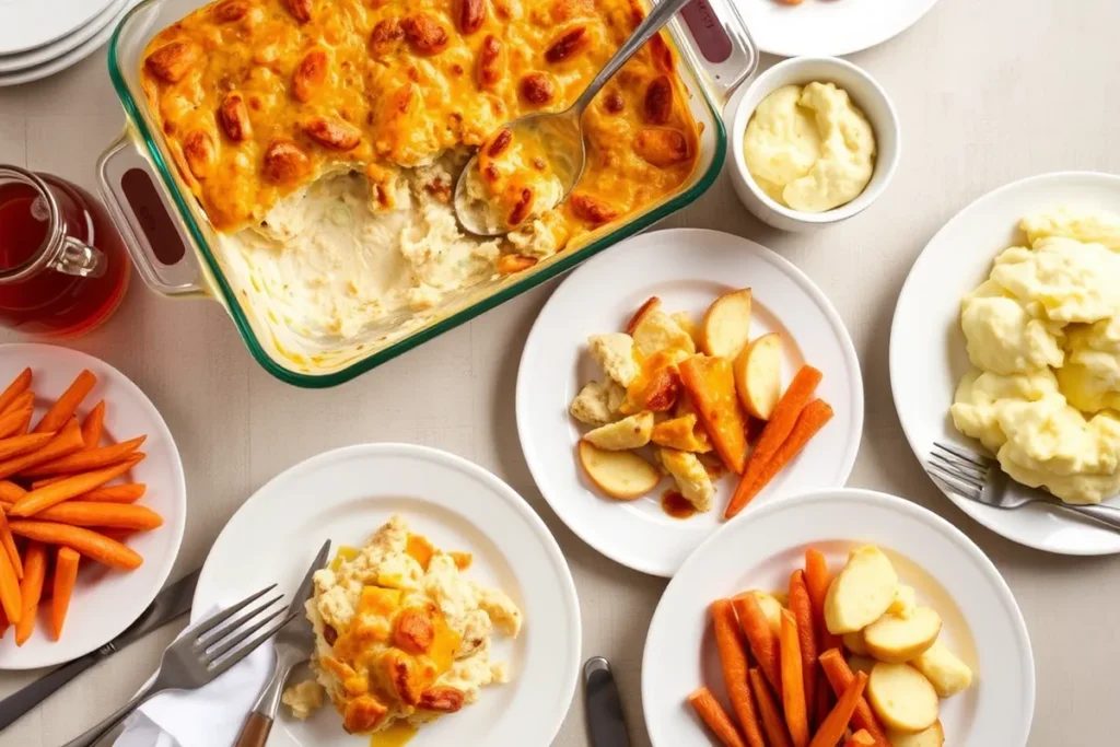 Family-style Ritz Chicken Casserole served with sides.