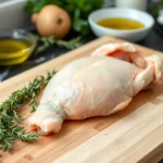 Split chicken breast with bone and skin displayed on a cutting board with fresh herbs.