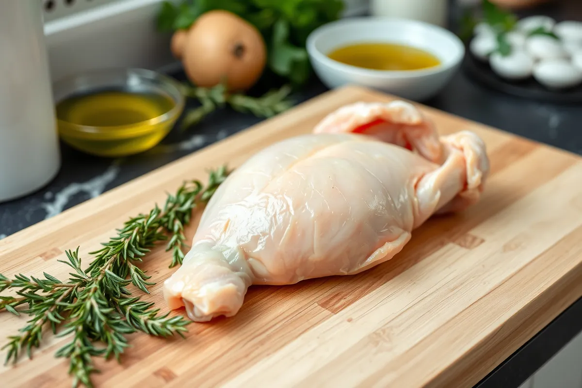 Split chicken breast with bone and skin displayed on a cutting board with fresh herbs.