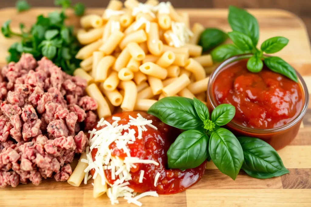 Ingredients for homemade beefaroni: ground beef, pasta, tomato sauce, mozzarella cheese, and basil