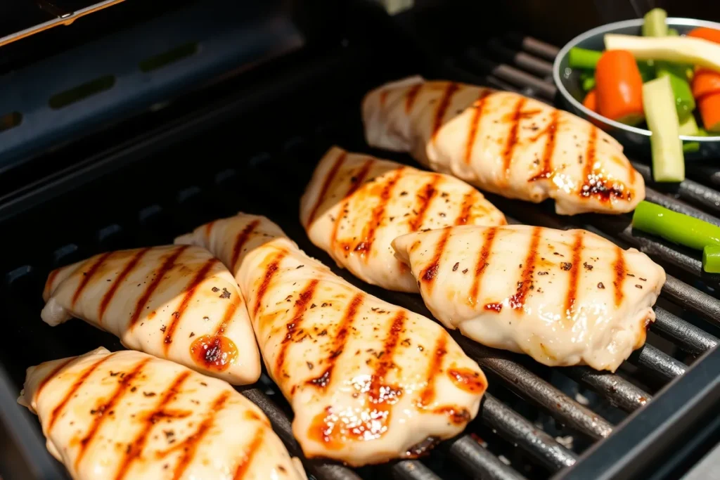 Boneless chicken breasts being grilled with golden grill marks.