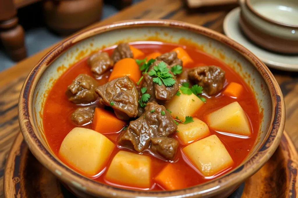 Traditional Hungarian goulash with beef, potatoes, carrots, and paprika.