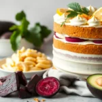 A beautifully decorated cake with vibrant secret ingredients like mashed potatoes, beets, and avocado displayed alongside it