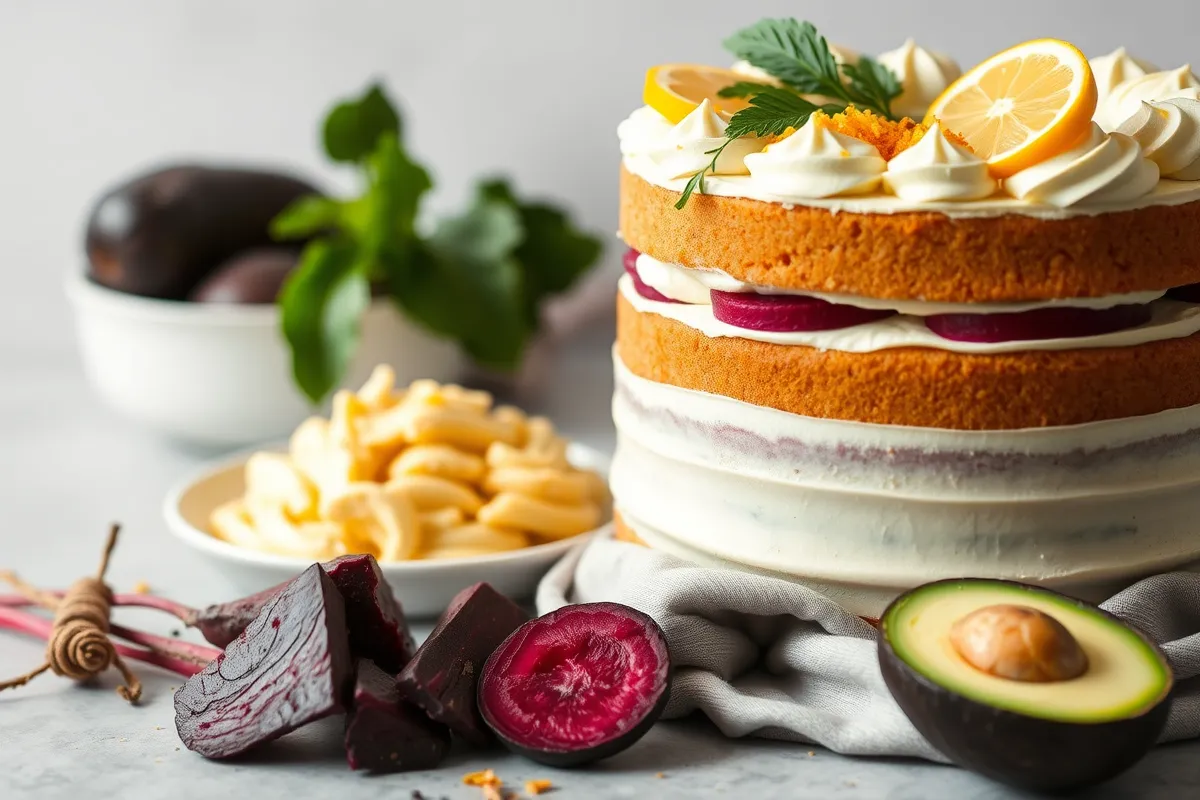 A beautifully decorated cake with vibrant secret ingredients like mashed potatoes, beets, and avocado displayed alongside it