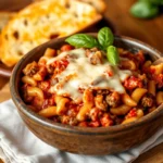 Delicious homemade beefaroni with ground beef, pasta, and melted cheese served in a rustic bowl"