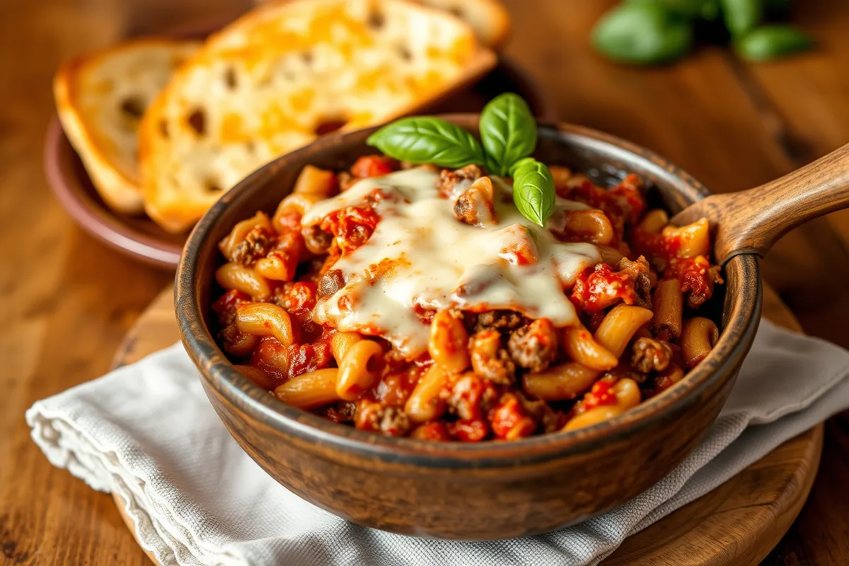 Delicious homemade beefaroni with ground beef, pasta, and melted cheese served in a rustic bowl"