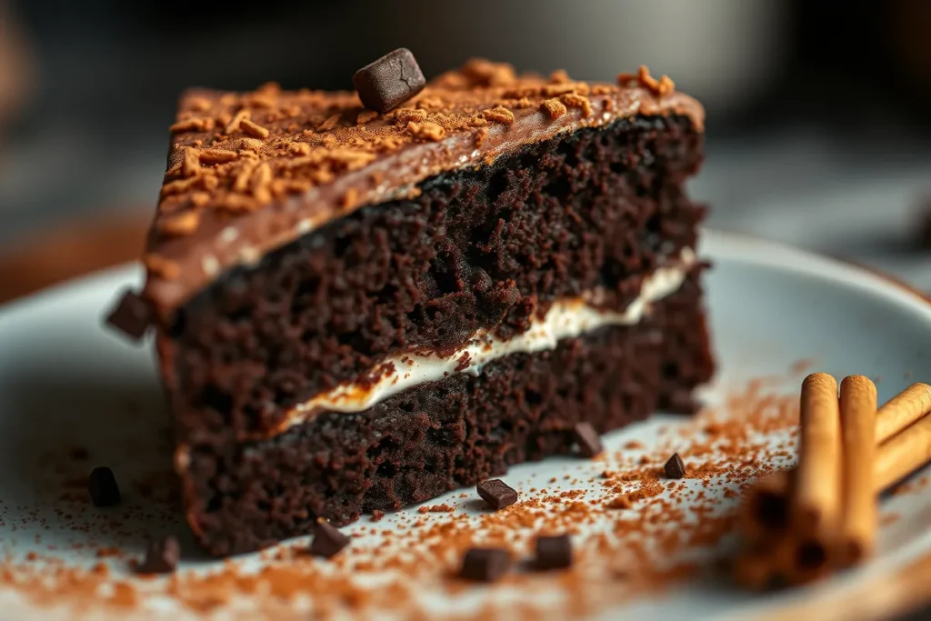 A slice of rich chocolate cake with a moist texture, enhanced by espresso powder and sour cream, with a rustic background. 