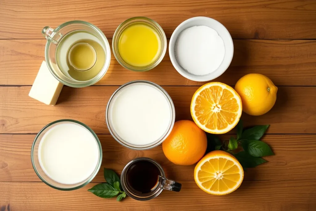 Various secret cake ingredients such as buttermilk, vinegar, vanilla extract, and citrus fruits arranged on a wooden table.