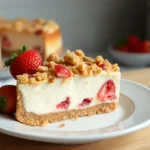 Slice of strawberry crunch cheesecake with a golden topping of crumbled cookies and fresh strawberry garnish