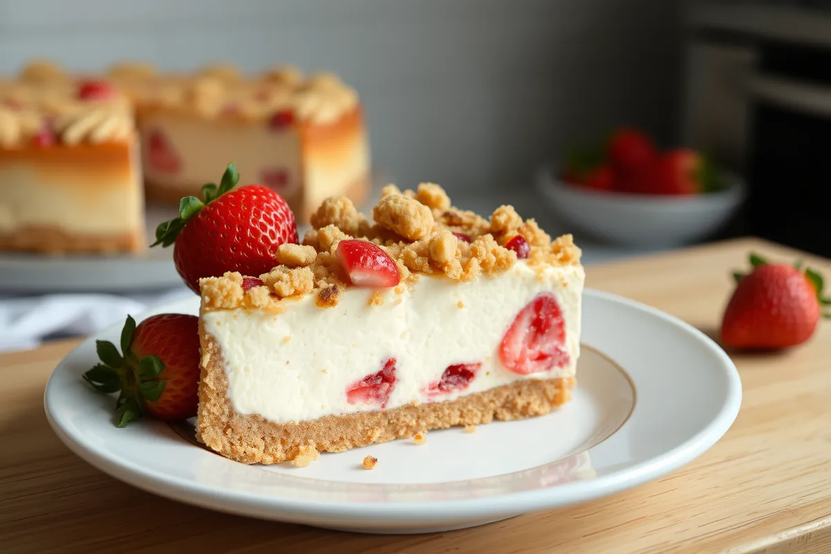 Slice of strawberry crunch cheesecake with a golden topping of crumbled cookies and fresh strawberry garnish