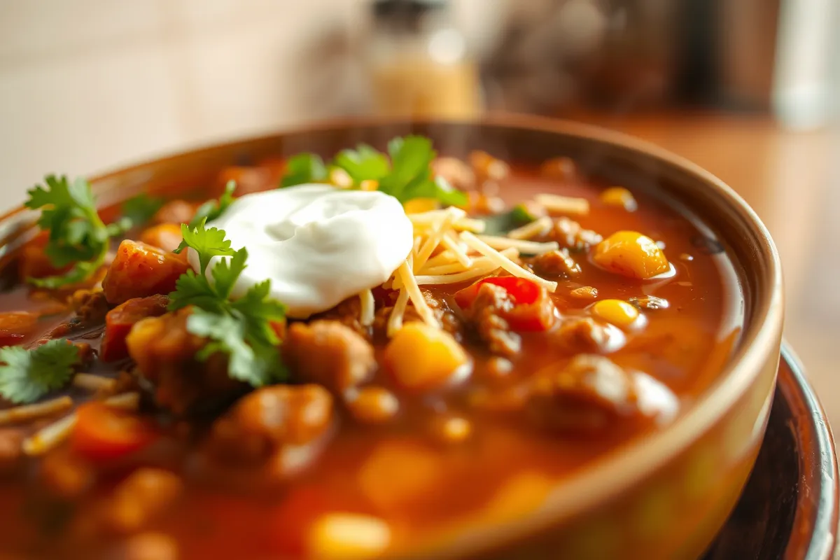 Close-up of a hearty and delicious Taco Soup Frios in a bowl.